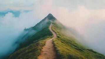 A path leading up to a mountain with clouds in the background photo