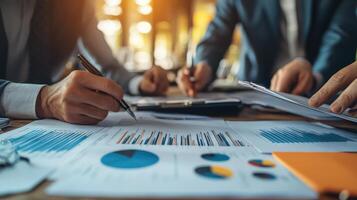 Business people working on papers with calculators photo