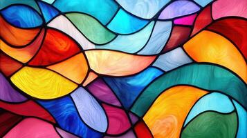 A colorful stained glass window with abstract shapes photo