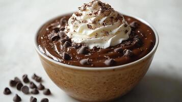 Bowl of rich chocolate pudding with whipped cream topping placed on a pristine white background photo