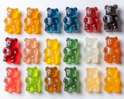 Collection of gummy bears in assorted colors spread out on a white background bright and fun photo