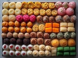 Colorful array of Indian sweets including ladoo jalebi and barfi beautifully displayed on a dessert platter photo