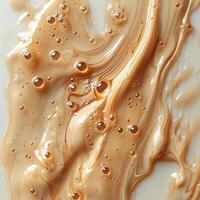 Drizzle of caramel sauce creating an abstract pattern on a pristine white background smooth and glossy photo