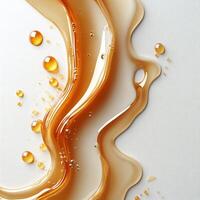 Drizzle of caramel sauce creating an abstract pattern on a pristine white background smooth and glossy photo