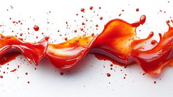 Drizzle of spicy hot chili sauce creating an artistic pattern on a pure white background photo