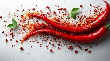 Drizzle of spicy hot chili sauce creating an artistic pattern on a pure white background photo