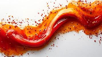 Drizzle of spicy hot chili sauce creating an artistic pattern on a pure white background photo