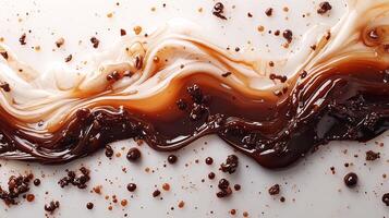 Drizzle of tangy hoisin sauce creating an abstract pattern on a white background smooth and rich photo