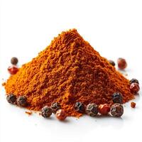 Heap of cayenne pepper powder arranged in a small pile on a clean white background intense and fiery photo