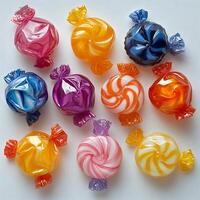 Heap of colorful hard candies in wrappers arranged on a clean white background bold and playful photo