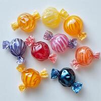 Heap of colorful hard candies in wrappers arranged on a clean white background bold and playful photo