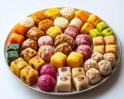 Plate of assorted Indian sweets like ladoo and barfi arranged on a pristine white background colorful and vibrant photo