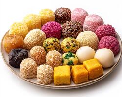 Plate of assorted Indian sweets like ladoo and barfi arranged on a pristine white background colorful and vibrant photo