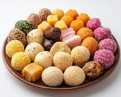 Plate of assorted Indian sweets like ladoo and barfi arranged on a pristine white background colorful and vibrant photo