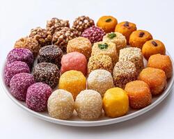 Plate of assorted Indian sweets like ladoo and barfi arranged on a pristine white background colorful and vibrant photo