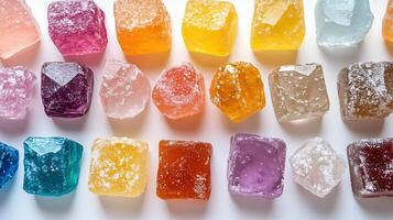 Selection of colorful rock candies in various shapes and sizes placed on a white background vibrant and playful photo