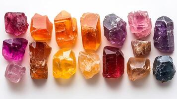 Selection of colorful rock candies in various shapes and sizes placed on a white background vibrant and playful photo