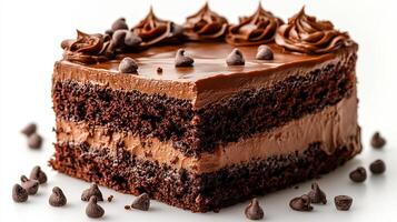 Slice of rich chocolate cake with layers of ganache and frosting on a white background decadent and sweet photo