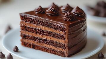 Slice of rich chocolate cake with layers of ganache and frosting on a white background decadent and sweet photo