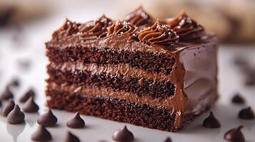 Slice of rich chocolate cake with layers of ganache and frosting on a white background decadent and sweet photo