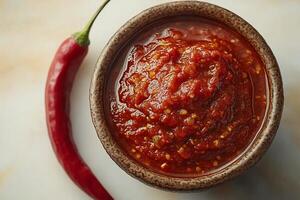 Small bowl of spicy chili sauce placed on a white background with a single red chili beside it photo