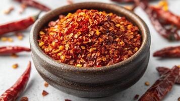 Small dish of crushed red pepper flakes with whole dried chilies surrounding it on a white background photo