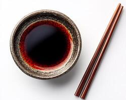Small dish of soy sauce with chopsticks placed beside it on a white background simple and elegant photo
