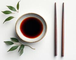 Small dish of soy sauce with chopsticks placed beside it on a white background simple and elegant photo