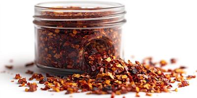 Small jar of spicy red pepper flakes open on a white background with a few flakes spilling out photo