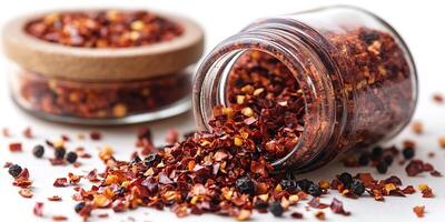 Small jar of spicy red pepper flakes open on a white background with a few flakes spilling out photo