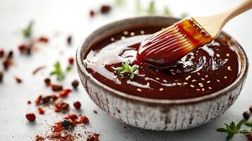 Splash of tangy barbecue sauce with a basting brush beside it creating a bold texture on a white background photo