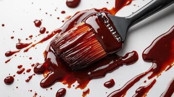 Splash of tangy barbecue sauce with a basting brush beside it creating a bold texture on a white background photo