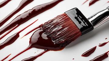 Splash of tangy barbecue sauce with a basting brush beside it creating a bold texture on a white background photo