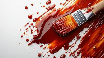 Splash of tangy barbecue sauce with a basting brush beside it creating a bold texture on a white background photo
