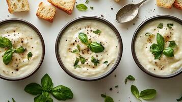 Spoonful of creamy Caesar dressing on a white background with a few croutons beside it photo