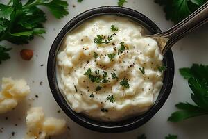 Spoonful of creamy tartar sauce placed on a pristine white background minimalistic and fresh photo