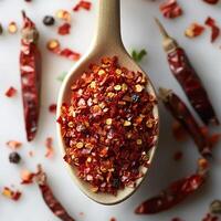 Spoonful of crushed red pepper placed on a white background surrounded by whole dried chilies photo