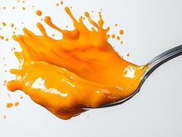 Spoonful of hot buffalo sauce splashed on a white background showing its fiery orange hue photo