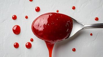 Spoonful of hot Sriracha sauce dripping onto a white background showing its intense red color photo