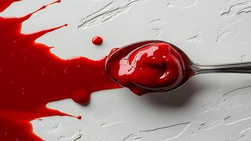 Spoonful of hot Sriracha sauce dripping onto a white background showing its intense red color photo