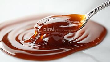 Spoonful of rich caramel sauce dripping onto a white background creating a smooth and glossy texture photo