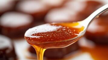 Spoonful of rich caramel sauce dripping onto a white background creating a smooth and glossy texture photo