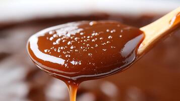 Spoonful of rich caramel sauce dripping onto a white background creating a smooth and glossy texture photo