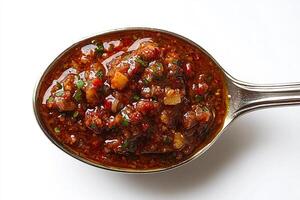 Spoonful of rich spicy curry sauce placed in the center of a white background showing texture and boldness photo