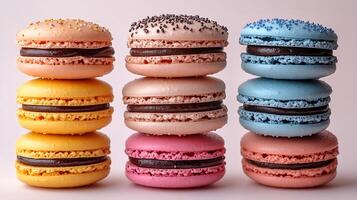 Stack of colorful macarons placed on a pristine white background creating a vibrant and delicate display photo