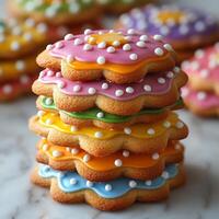 Stack of sugar cookies with colorful icing placed on a clean white background bright and festive photo