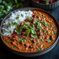 Steaming plate of rajma chawal with creamy rajma curry and fragrant basmati rice garnished with fresh coriander photo