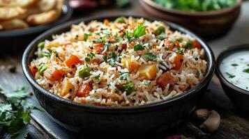 Steaming plate of veg pulao with mixed vegetables and fragrant spices served with a side of raita photo