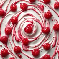 Swirl of raspberry sauce drizzled across a white background creating a bold and sweet pattern photo