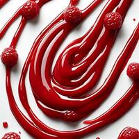 Swirl of raspberry sauce drizzled across a white background creating a bold and sweet pattern photo